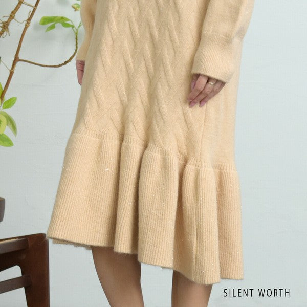 【Mサイズ】リブフレア切替ラメニットワンピース｜裾フレア・きれいめシルエット・ラメ入り｜SILENT WORTH N-3015