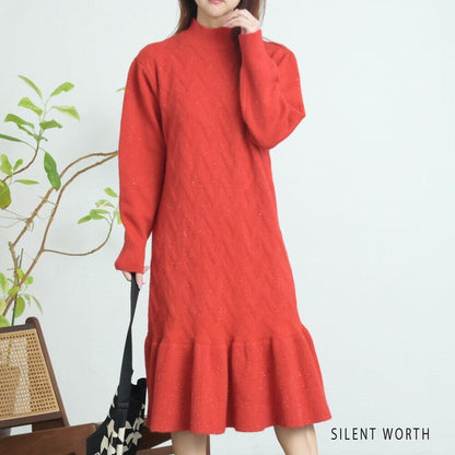 【Mサイズ】リブフレア切替ラメニットワンピース｜裾フレア・きれいめシルエット・ラメ入り｜SILENT WORTH N-3015