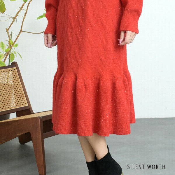 【Mサイズ】リブフレア切替ラメニットワンピース｜裾フレア・きれいめシルエット・ラメ入り｜SILENT WORTH N-3015