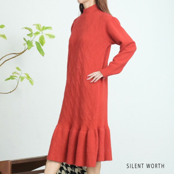 【Mサイズ】リブフレア切替ラメニットワンピース｜裾フレア・きれいめシルエット・ラメ入り｜SILENT WORTH N-3015