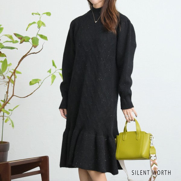 【Mサイズ】リブフレア切替ラメニットワンピース｜裾フレア・きれいめシルエット・ラメ入り｜SILENT WORTH N-3015