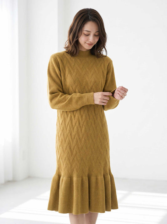 ワンピース ニット ラメ入り ハイネック 裾フレア 膝丈 秋 冬 M L