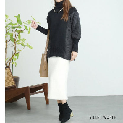 【Mサイズ】キルティング×ニットデザインプルオーバー｜異素材切替・あったかオフタートル・サイドボタン仕様｜SILENT WORTH N-3017