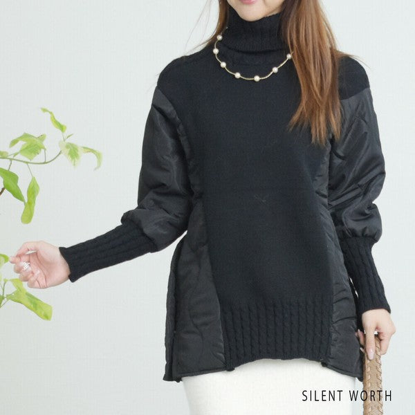 【Mサイズ】キルティング×ニットデザインプルオーバー｜異素材切替・あったかオフタートル・サイドボタン仕様｜SILENT WORTH N-3017