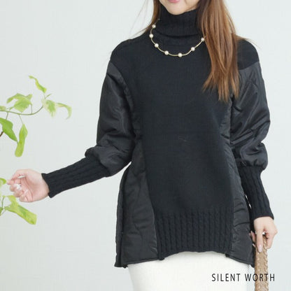 【Mサイズ】キルティング×ニットデザインプルオーバー｜異素材切替・あったかオフタートル・サイドボタン仕様｜SILENT WORTH N-3017