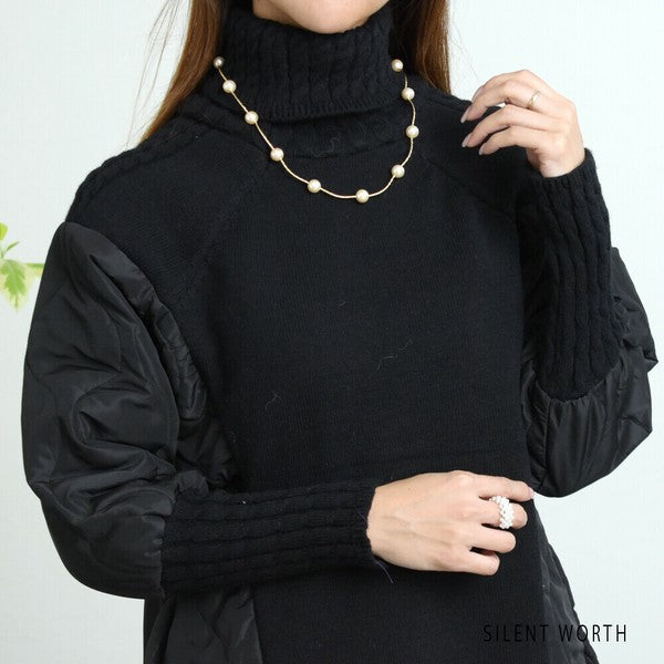 【Mサイズ】キルティング×ニットデザインプルオーバー｜異素材切替・あったかオフタートル・サイドボタン仕様｜SILENT WORTH N-3017