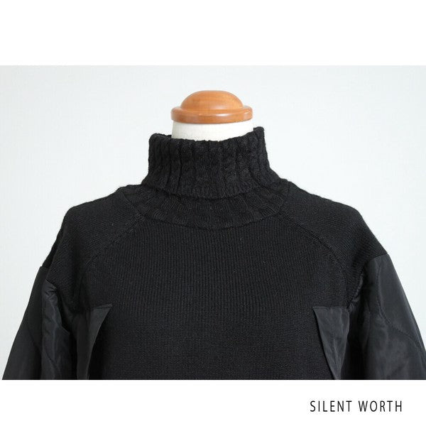 【Mサイズ】キルティング×ニットデザインプルオーバー｜異素材切替・あったかオフタートル・サイドボタン仕様｜SILENT WORTH N-3017