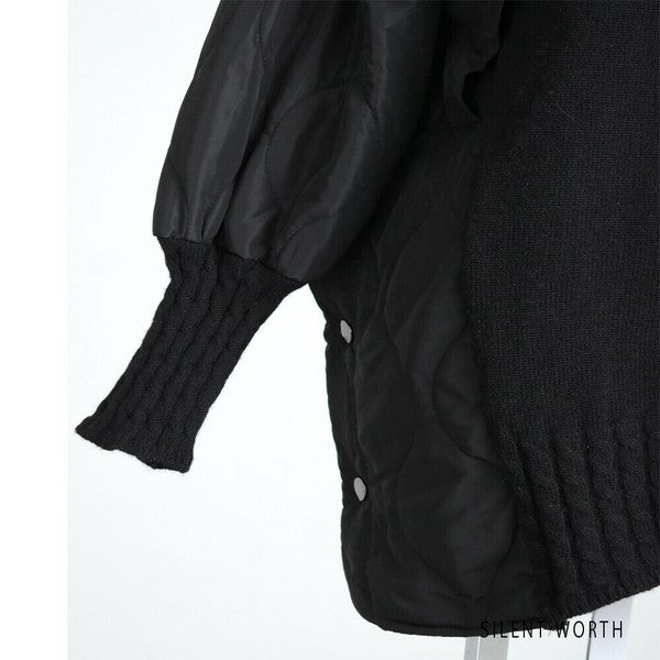 【Mサイズ】キルティング×ニットデザインプルオーバー｜異素材切替・あったかオフタートル・サイドボタン仕様｜SILENT WORTH N-3017