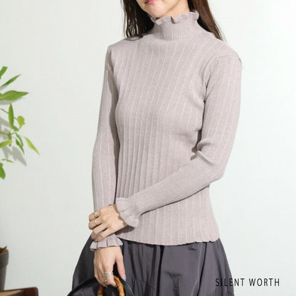 【M】リブフリルデザインニットプルオーバー｜首元＆袖口フリル・シンプル上品・SILENT WORTH・N-2961