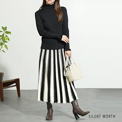 【M】リブフリルデザインニットプルオーバー｜首元＆袖口フリル・シンプル上品・SILENT WORTH・N-2961