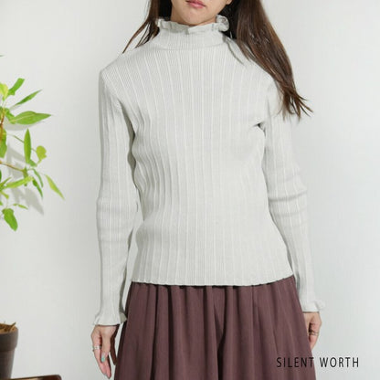 【M】リブフリルデザインニットプルオーバー｜首元＆袖口フリル・シンプル上品・SILENT WORTH・N-2961