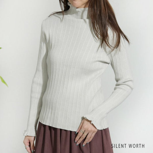 【M】リブフリルデザインニットプルオーバー｜首元＆袖口フリル・シンプル上品・SILENT WORTH・N-2961