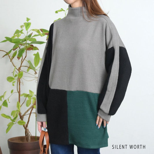 【Mサイズ】ボアブロッキングチュニック｜異素材切替・ふんわりあたたか・体型カバー｜SILENT WORTH C-3205
