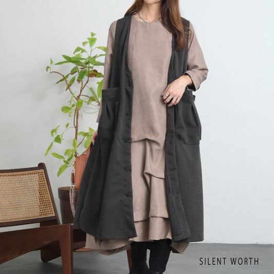【M】深Vネックロングベスト ジレ 起毛素材 大きなポケット 体型カバー SILENT WORTH