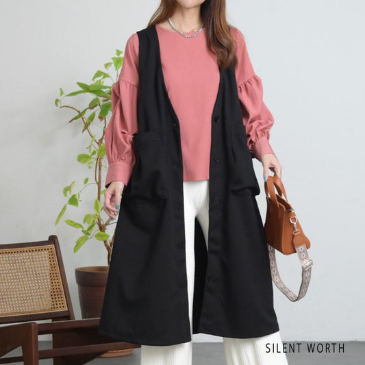 【M】深Vネックロングベスト ジレ 起毛素材 大きなポケット 体型カバー SILENT WORTH