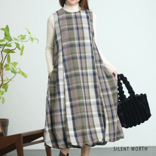 【Mサイズ】大判チェック柄バルーンワンピース｜体型カバー・裏地付き・秋冬・SILENT WORTH・C-3198
