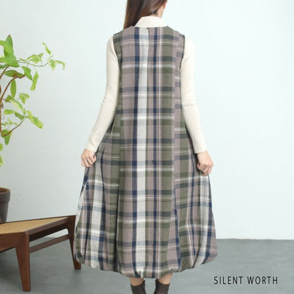 【Mサイズ】大判チェック柄バルーンワンピース｜体型カバー・裏地付き・秋冬・SILENT WORTH・C-3198