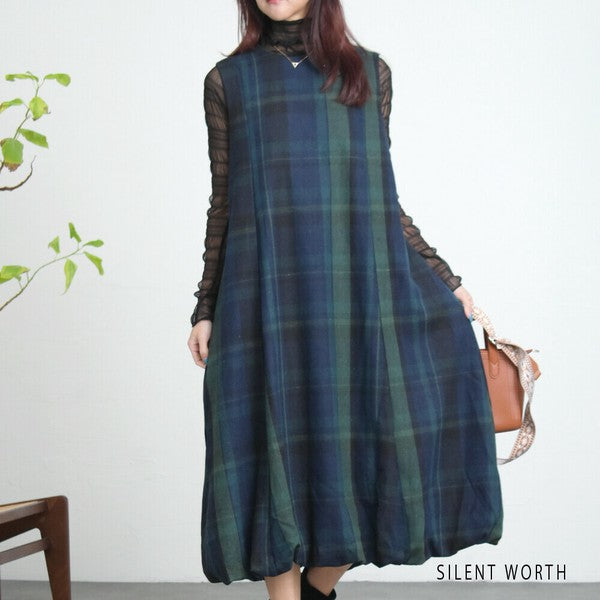 Mサイズ】大判チェック柄バルーンワンピース｜体型カバー・裏地