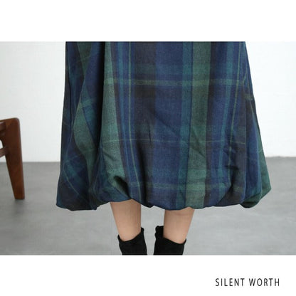 【Mサイズ】大判チェック柄バルーンワンピース｜体型カバー・裏地付き・秋冬・SILENT WORTH・C-3198