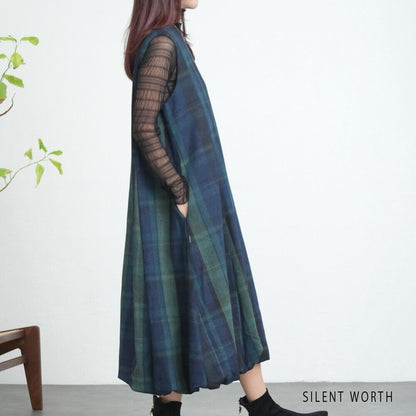 【Mサイズ】大判チェック柄バルーンワンピース｜体型カバー・裏地付き・秋冬・SILENT WORTH・C-3198