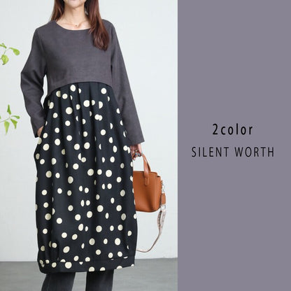 【Mサイズ】ランダムドット柄配色ワンピース｜SILENT WORTH レディース 長袖 体型カバー ゆったり C-3216