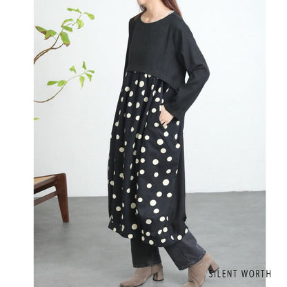 【Mサイズ】ランダムドット柄配色ワンピース｜SILENT WORTH レディース 長袖 体型カバー ゆったり C-3216