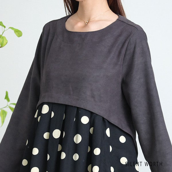 【Mサイズ】ランダムドット柄配色ワンピース｜SILENT WORTH レディース 長袖 体型カバー ゆったり C-3216
