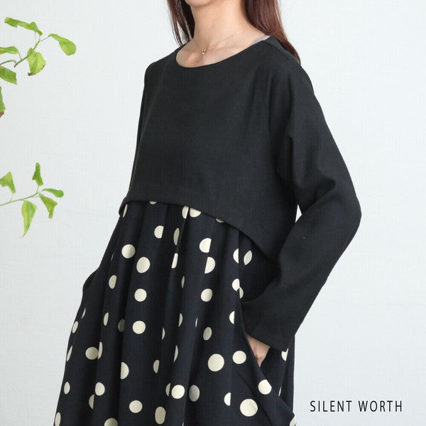 【Mサイズ】ランダムドット柄配色ワンピース｜SILENT WORTH レディース 長袖 体型カバー ゆったり C-3216