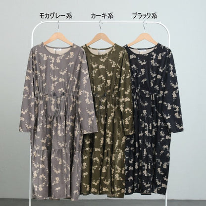 【Mサイズ】花柄ティアードワンピース｜ベロア調素材・ウエストシャーリング仕様・長袖・秋冬・N-3004
