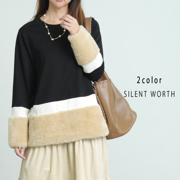 【Mサイズ】フェイクファー配色プルオーバー｜SILENT WORTH レディース 長袖 異素材切替 トップス 秋冬 C-3206
