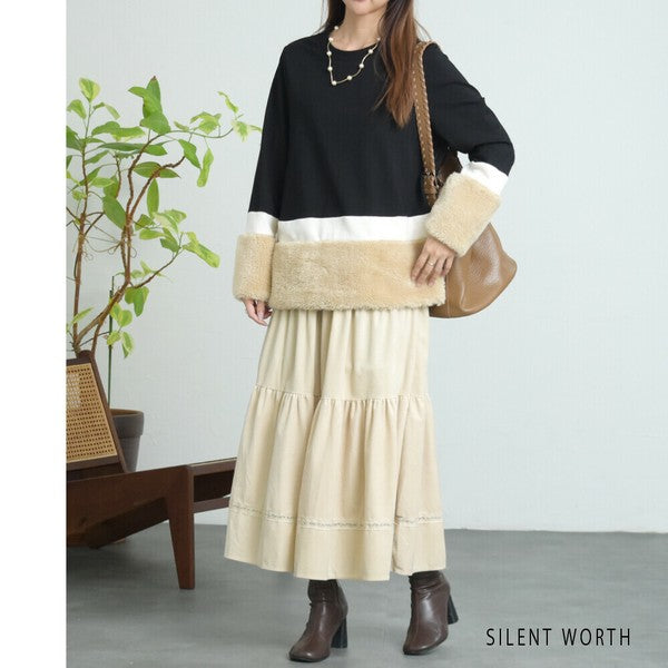 【Mサイズ】フェイクファー配色プルオーバー｜SILENT WORTH レディース 長袖 異素材切替 トップス 秋冬 C-3206