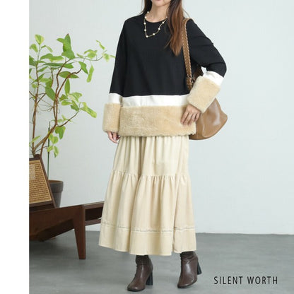 【Mサイズ】フェイクファー配色プルオーバー｜SILENT WORTH レディース 長袖 異素材切替 トップス 秋冬 C-3206