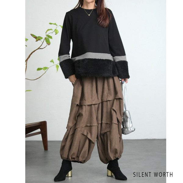 【Mサイズ】フェイクファー配色プルオーバー｜SILENT WORTH レディース 長袖 異素材切替 トップス 秋冬 C-3206