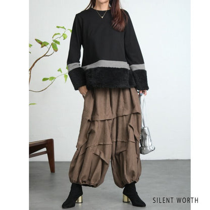 【Mサイズ】フェイクファー配色プルオーバー｜SILENT WORTH レディース 長袖 異素材切替 トップス 秋冬 C-3206