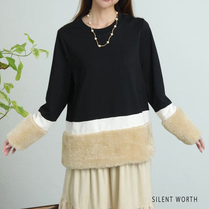 【Mサイズ】フェイクファー配色プルオーバー｜SILENT WORTH レディース 長袖 異素材切替 トップス 秋冬 C-3206