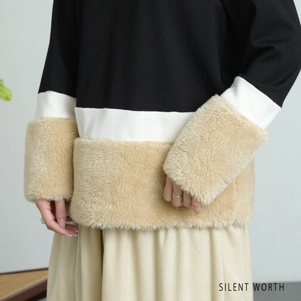 【Mサイズ】フェイクファー配色プルオーバー｜SILENT WORTH レディース 長袖 異素材切替 トップス 秋冬 C-3206