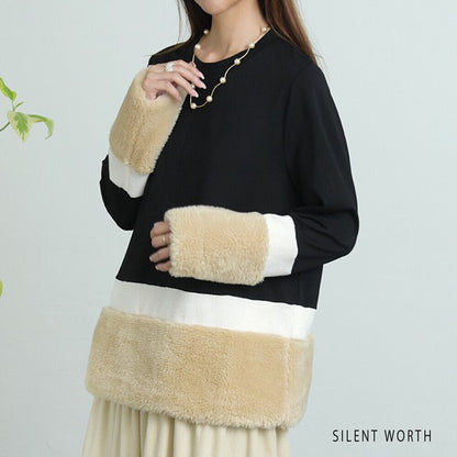 【Mサイズ】フェイクファー配色プルオーバー｜SILENT WORTH レディース 長袖 異素材切替 トップス 秋冬 C-3206