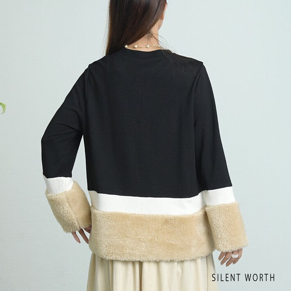 【Mサイズ】フェイクファー配色プルオーバー｜SILENT WORTH レディース 長袖 異素材切替 トップス 秋冬 C-3206