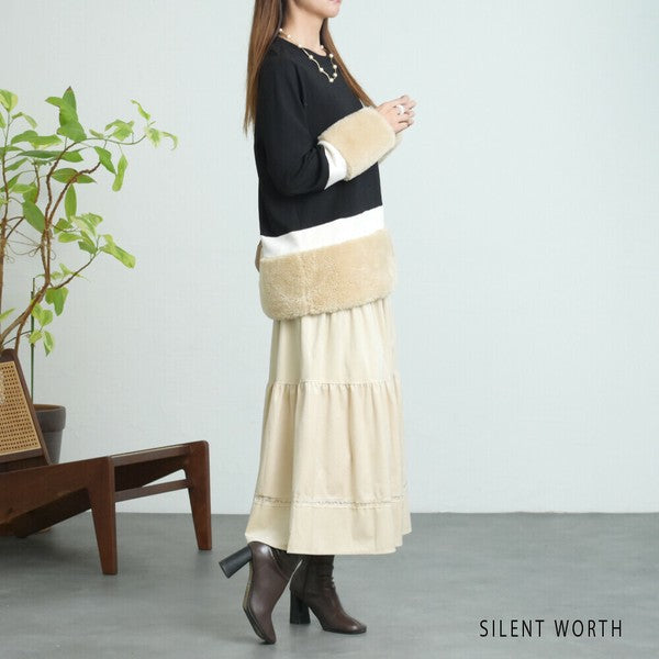 【Mサイズ】フェイクファー配色プルオーバー｜SILENT WORTH レディース 長袖 異素材切替 トップス 秋冬 C-3206