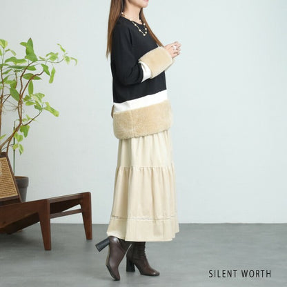 【Mサイズ】フェイクファー配色プルオーバー｜SILENT WORTH レディース 長袖 異素材切替 トップス 秋冬 C-3206