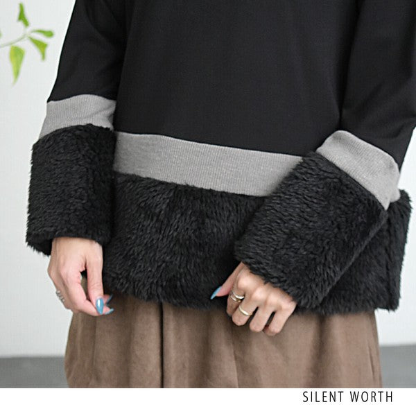 【Mサイズ】フェイクファー配色プルオーバー｜SILENT WORTH レディース 長袖 異素材切替 トップス 秋冬 C-3206