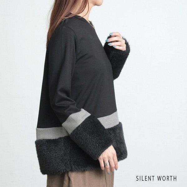 【Mサイズ】フェイクファー配色プルオーバー｜SILENT WORTH レディース 長袖 異素材切替 トップス 秋冬 C-3206