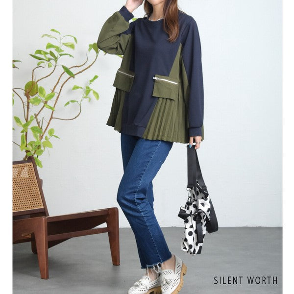 【M】サイドプリーツ切替プルオーバー 裏毛スウェット 異素材ミックス 体型カバー SILENT WORTH