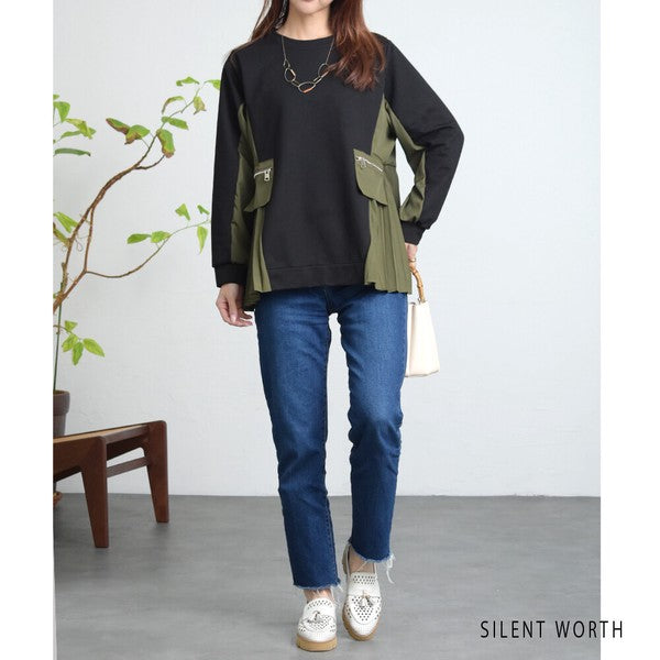 【M】サイドプリーツ切替プルオーバー 裏毛スウェット 異素材ミックス 体型カバー SILENT WORTH