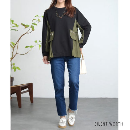 【M】サイドプリーツ切替プルオーバー 裏毛スウェット 異素材ミックス 体型カバー SILENT WORTH