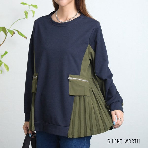 【M】サイドプリーツ切替プルオーバー 裏毛スウェット 異素材ミックス 体型カバー SILENT WORTH