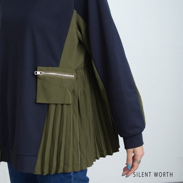 【M】サイドプリーツ切替プルオーバー 裏毛スウェット 異素材ミックス 体型カバー SILENT WORTH