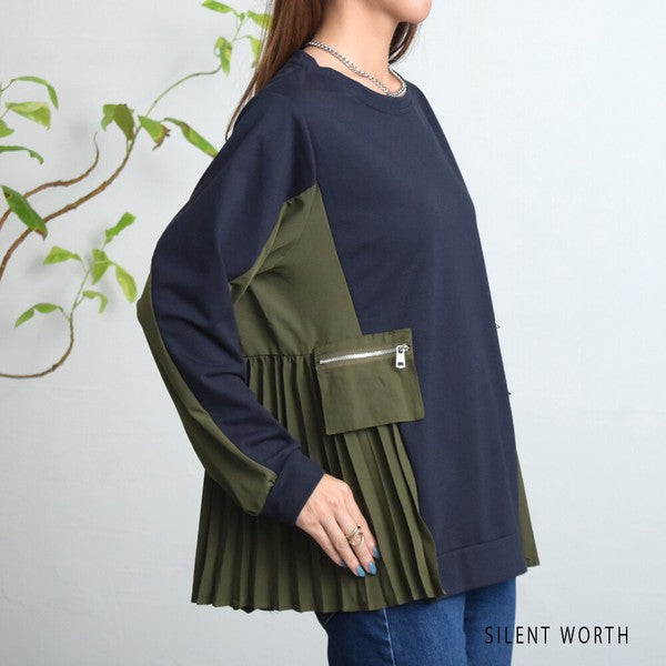 【M】サイドプリーツ切替プルオーバー 裏毛スウェット 異素材ミックス 体型カバー SILENT WORTH