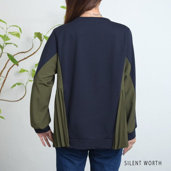 【M】サイドプリーツ切替プルオーバー 裏毛スウェット 異素材ミックス 体型カバー SILENT WORTH