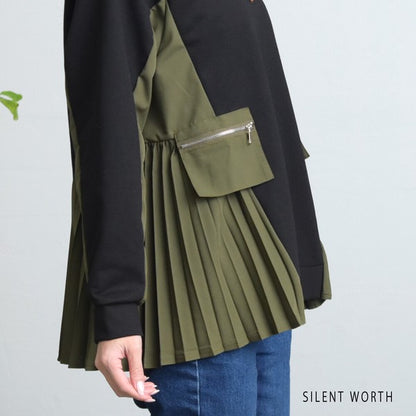 【M】サイドプリーツ切替プルオーバー 裏毛スウェット 異素材ミックス 体型カバー SILENT WORTH